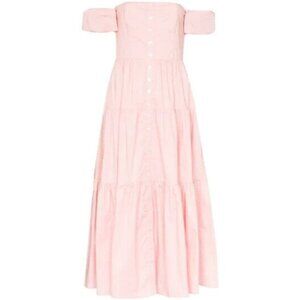 NWT Staud Elio in Strawberry Cream Off Shoulder Button Down Tiered Midi Dress 10